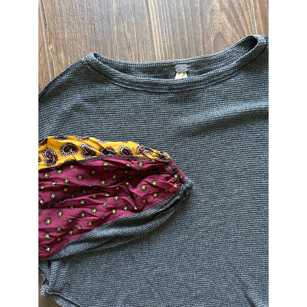 We The Free People SM Gray Blossom Thermal Top Patchwork Pullover Boho Oversized